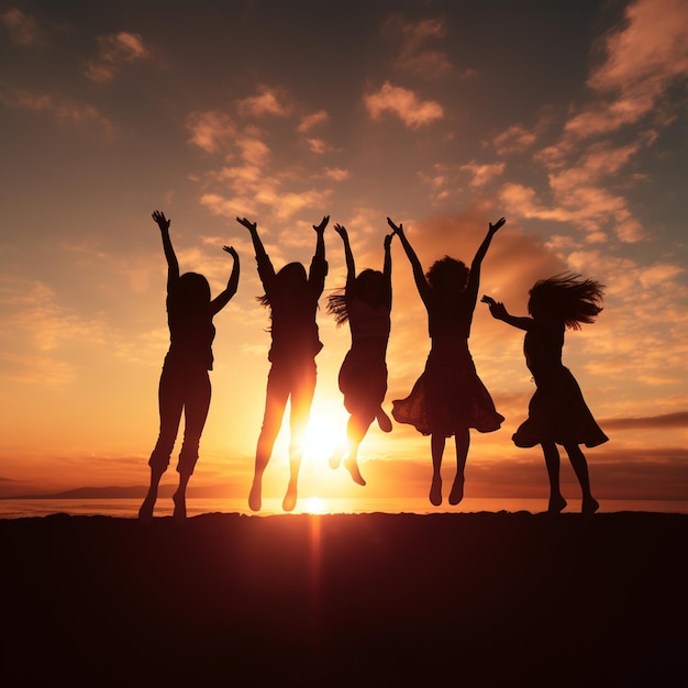 Foto grátis silhuetas de amigos felizes pulando no pôr do sol