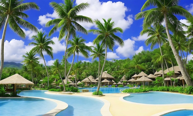 Foto gratis de tumbonas cerca de palmeras y piscina en un día soleado