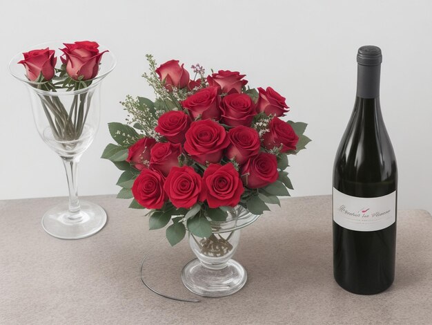 Foto gratis vino ramo de rosas y letrero de brezo en mesa gris