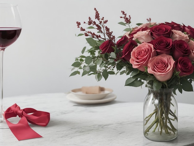 Foto gratis vino ramo de rosas y letrero de brezo en mesa gris