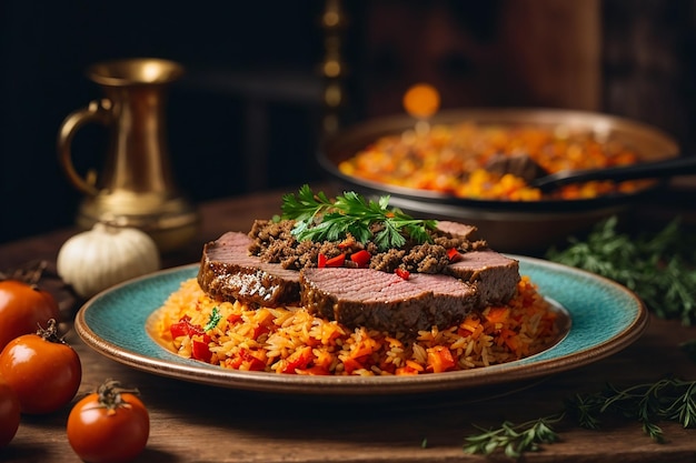 Foto gratis vista lateral de pilaf con carne de ternera guisada en un plato