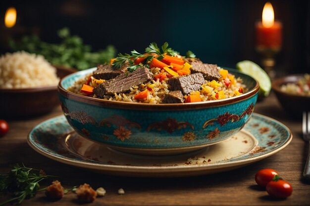 Foto gratis vista lateral de pilaf con carne de ternera guisada en un plato