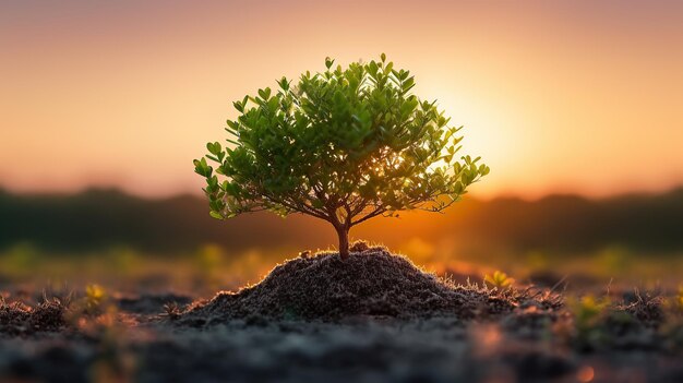 Foto gratuita de un árbol que crece bajo el cielo al atardecer rodeado de hierba