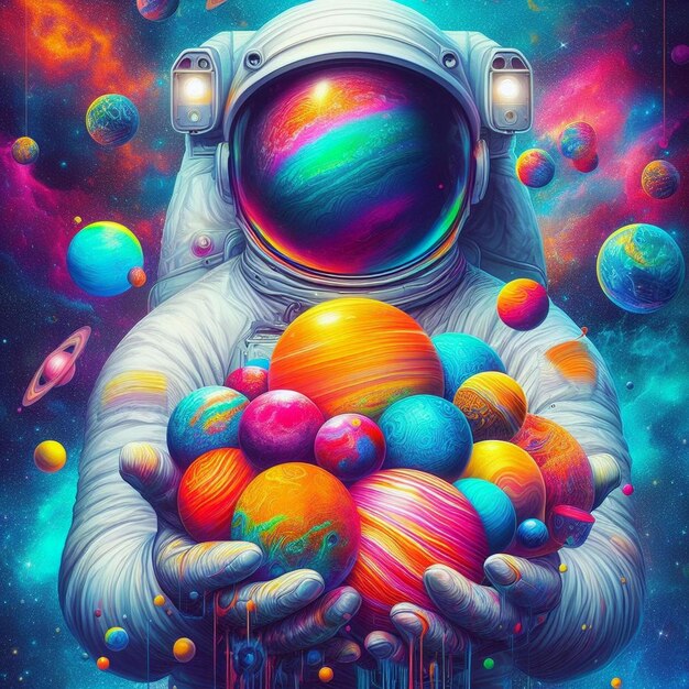 Foto gratuita de un astronauta con bolas de colores en las manos