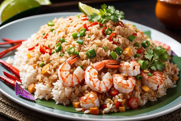 Foto gratuita de camarón americano arroz frito servido con salsa de pescado chile comida tailandesa