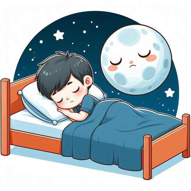 Foto foto gratuita una caricatura de un niño pequeño durmiendo en una cama con la luna detrás de él