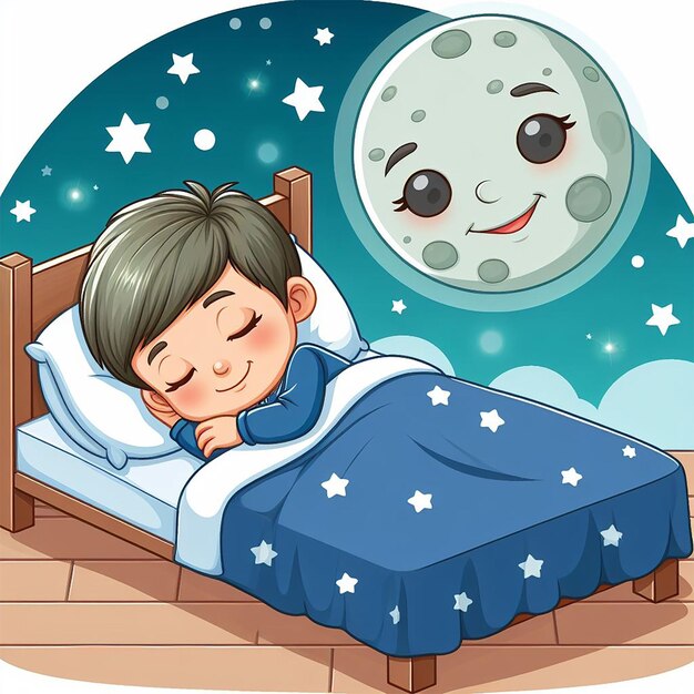 Foto foto gratuita una caricatura de un niño pequeño durmiendo en una cama con la luna detrás de él