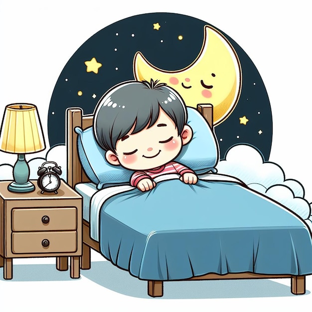 Foto foto gratuita una caricatura de un niño pequeño durmiendo en una cama con la luna detrás de él