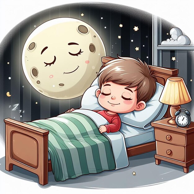 Foto foto gratuita una caricatura de un niño pequeño durmiendo en una cama con la luna detrás de él