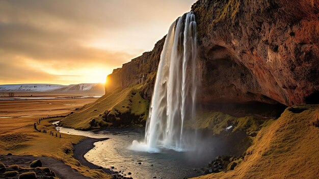 Foto foto gratuita de la cascada que fluye y la puesta de sol de medianoche que brilla en verano