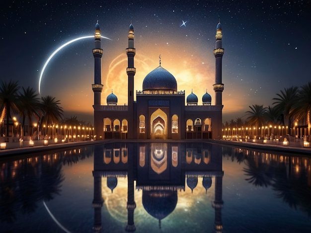 Foto gratuita Celebración de Eid al-Fitr Mezquita brillando bajo el cielo nocturno estrellado con luna creciente