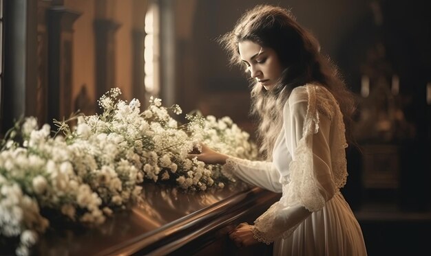 Foto gratuita de una chica con flores fúnebres