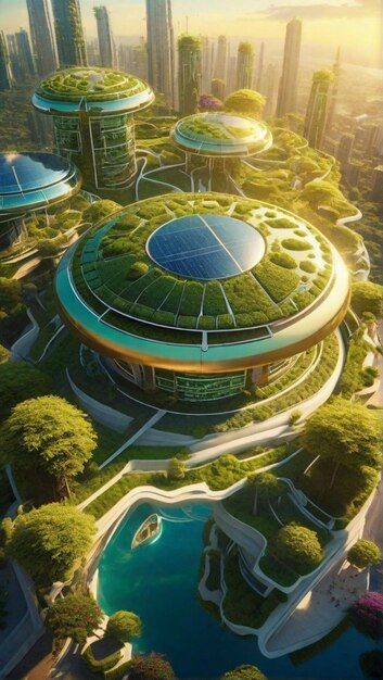 Foto gratuita una ciudad futurista con edificios verdes y paneles solares