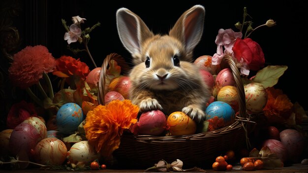 Foto gratuita colorido conejo feliz con muchos huevos de Pascua en el fondo festivo de la hierba para