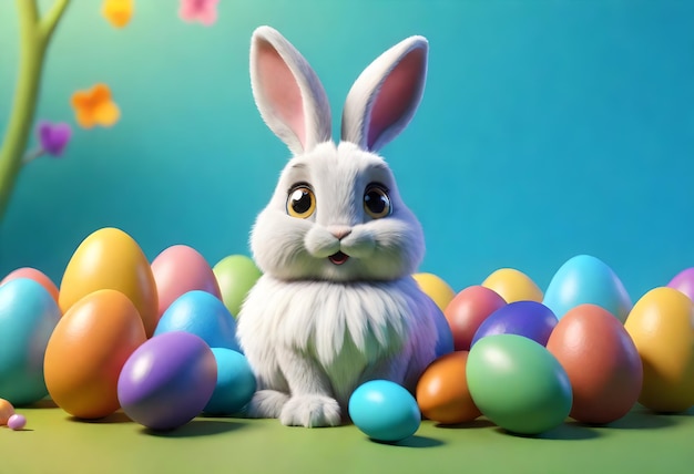 Foto gratuita Conejo feliz con muchos huevos de Pascua Fondo festivo para diseño decorativo