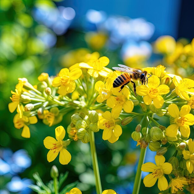 Foto gratuita de abelha em pequenas flores amarelas brilhantes de verão belo papel de parede hd