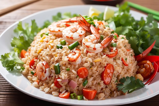 Foto foto gratuita de camarão americano, arroz frito servido com molho de peixe chili, comida tailandesa