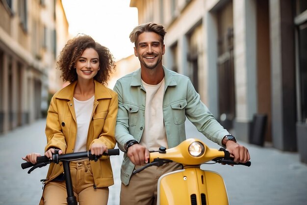 Foto gratuita de casal sorridente posando juntos ao ar livre em scooters elétricos Mini mobilidade