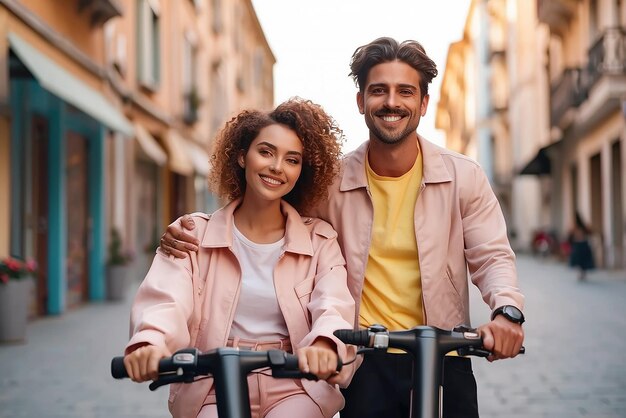 Foto gratuita de casal sorridente posando juntos ao ar livre em scooters elétricos Mini mobilidade