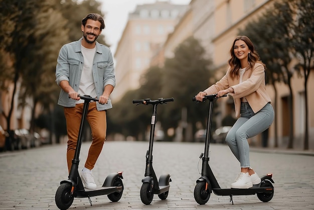 Foto gratuita de casal sorridente posando juntos ao ar livre em scooters elétricos Mini mobilidade