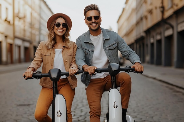 Foto gratuita de casal sorridente posando juntos ao ar livre em scooters elétricos Mini mobilidade