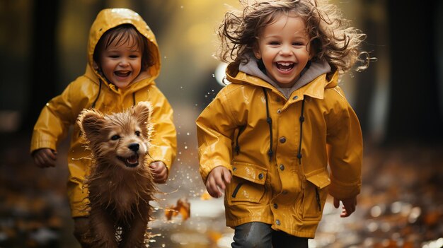 foto gratuita de Crianças sorridente felizes em casaco de chuva amarelo enquanto chove ao ar livre