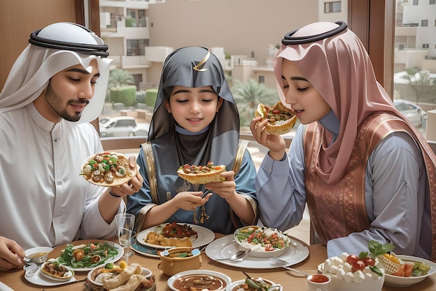 Foto gratuita de família islâmica de tiro médio à mesa por IA