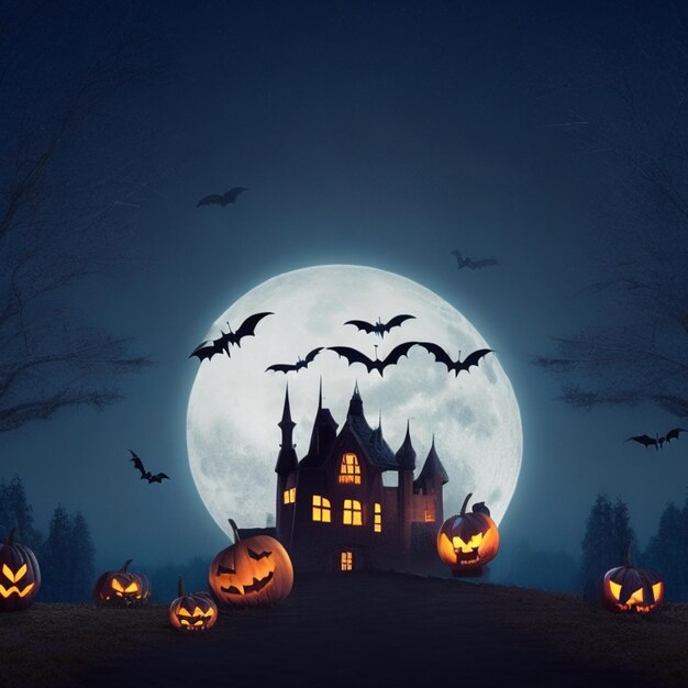 Foto gratuita de Halloween Casa noite de lua com abóboras e morcegos voando no fundo Gerado Ai