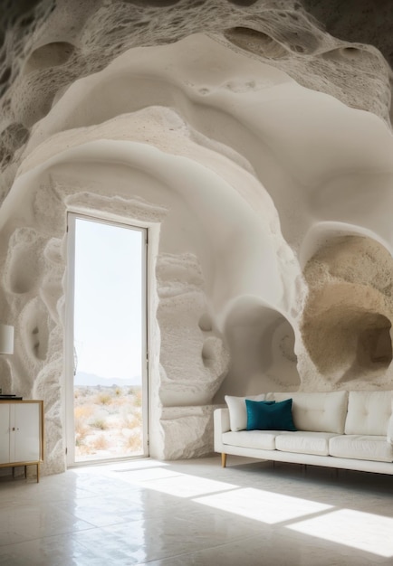 Foto gratuita de sala de estar contemporânea em uma caverna, decoração moderna de arquitetura de espaço aberto