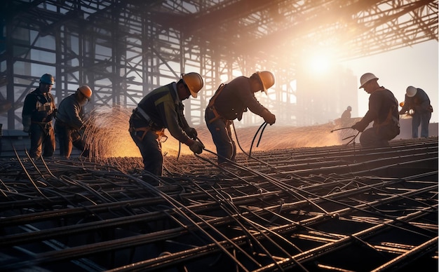 Foto gratuita de trabalhadores da construção civil fabricando reforços de aço