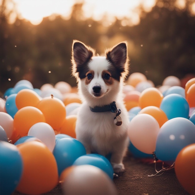foto gratuita de um animal fofo e feliz posando para o papel de parede da câmera dentro de balões