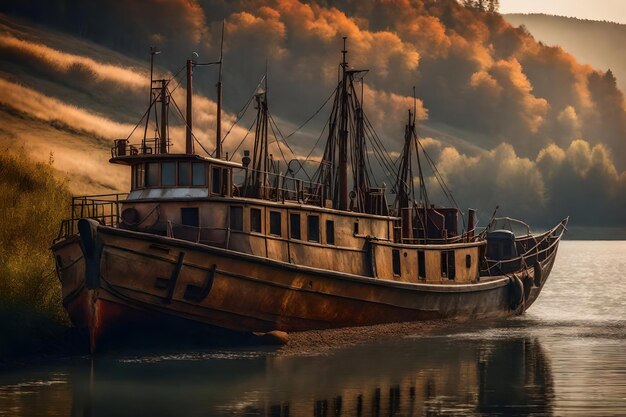 Foto gratuita de um velho barco de pesca enferrujado na encosta ao longo da costa do lago