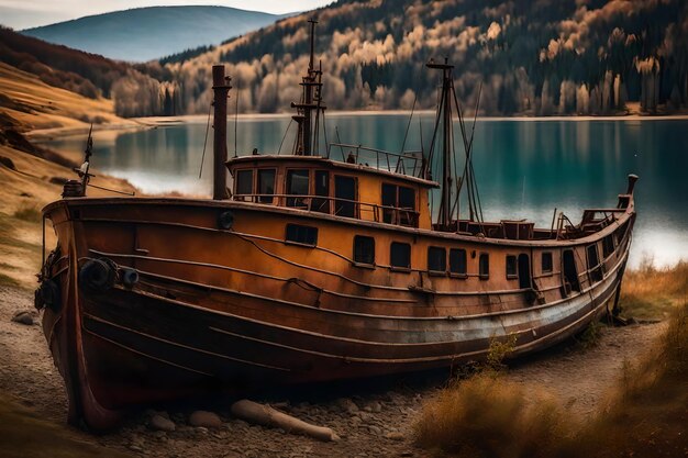 Foto gratuita de um velho barco de pesca enferrujado na encosta ao longo da costa do lago