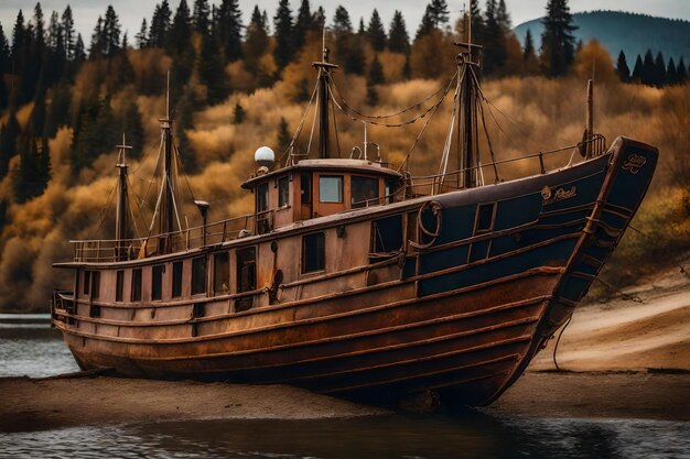 Foto gratuita de um velho barco de pesca enferrujado na encosta ao longo da costa do lago