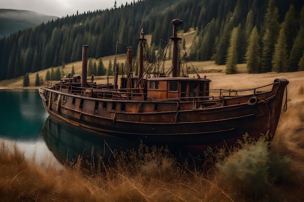 Foto gratuita de um velho barco de pesca enferrujado na encosta ao longo da costa do lago