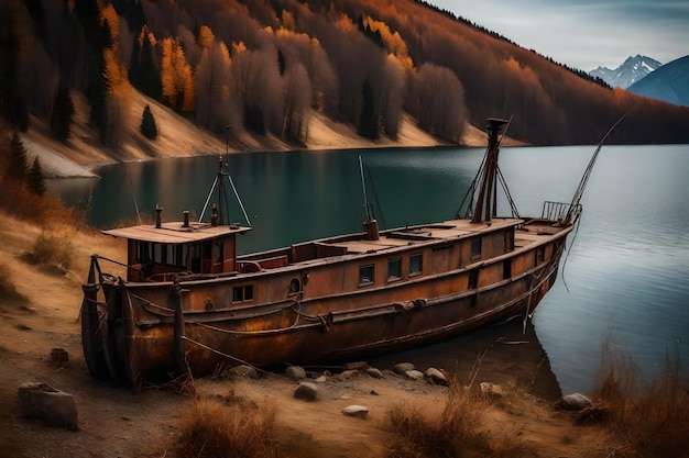 Foto gratuita de um velho barco de pesca enferrujado na encosta ao longo da costa do lago