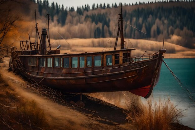 Foto gratuita de um velho barco de pesca enferrujado na encosta ao longo da costa do lago
