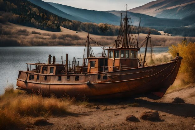Foto foto gratuita de um velho barco de pesca enferrujado na encosta ao longo da costa do lago