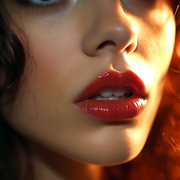 Foto foto gratuita extremo de cerca rojo lleno labios muy hermosos brillo mujer muy agradable luz atmosférica