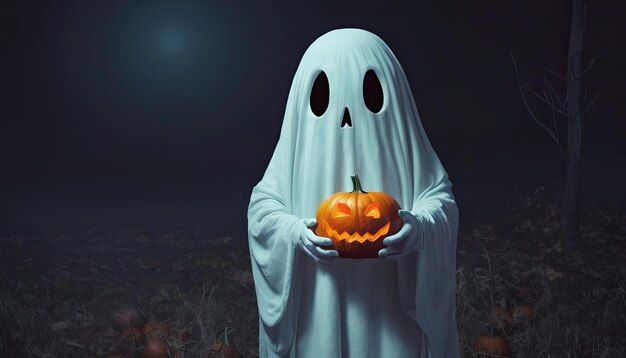 Foto foto gratuita un fantasma de dibujos animados con una calabaza en las manos