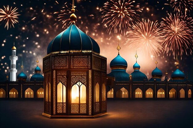 foto gratuita foto gratuita ramadán kareem eid mubarak lámpara elegante real con mezquita puerta sagrada con fuego