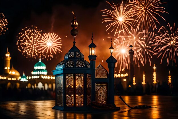 foto gratuita foto gratuita ramadán kareem eid mubarak lámpara elegante real con mezquita puerta sagrada con fuego