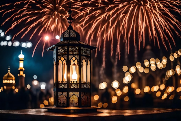 foto gratuita foto gratuita ramadán kareem eid mubarak lámpara elegante real con mezquita puerta sagrada con fuego