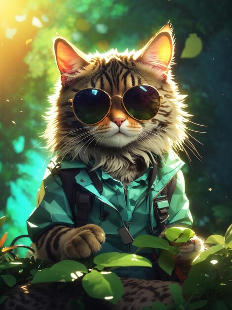 Foto gratuita Un gato en la jungla con gafas de sol y una chaqueta de colores