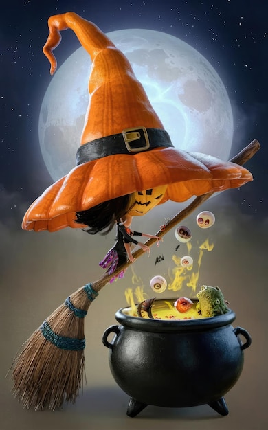 Foto gratuita de Halloween sombrero de bruja de calabaza y olla de bruja