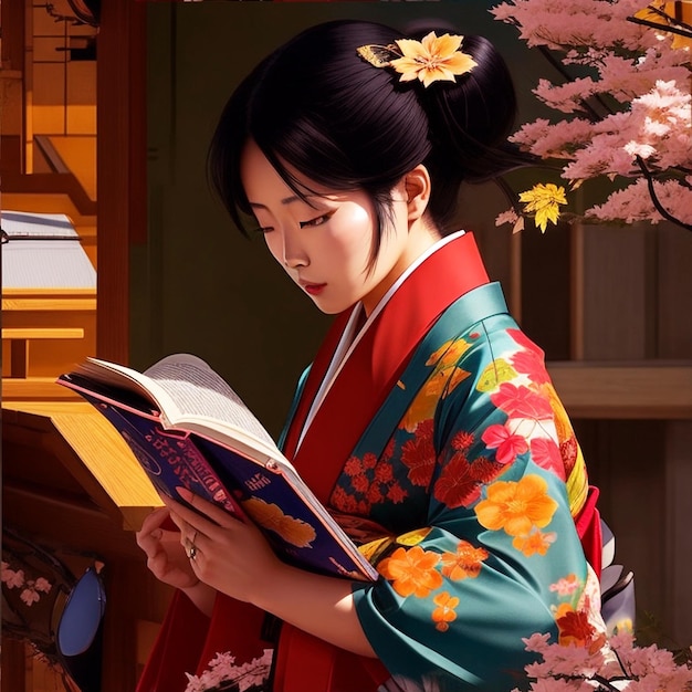 Foto gratuita de una hermosa mujer japonesa leyendo un libro