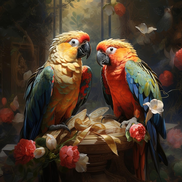 Foto foto gratuita de la hermosa pareja de loros coloridos en el árbol