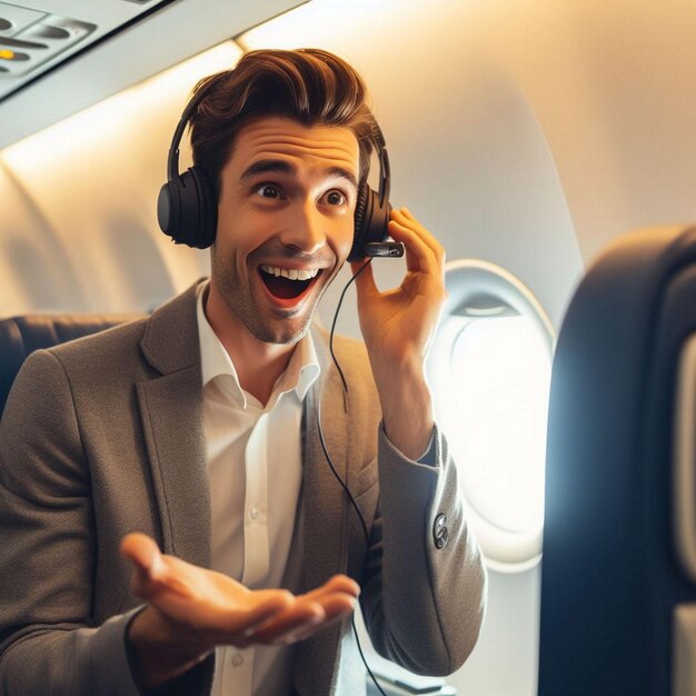 foto gratuita de un hombre con auriculares en un avión