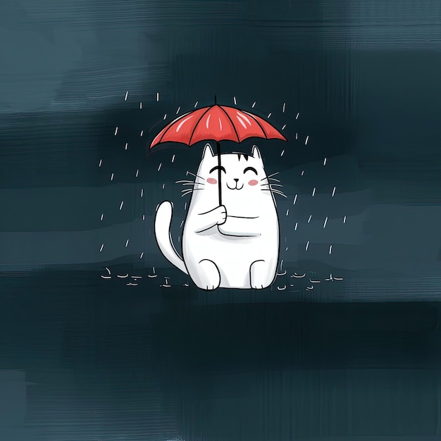 Foto gratuita Una ilustración simple pero encantadora de un gato blanco sosteniendo un paraguas rojo vibrante