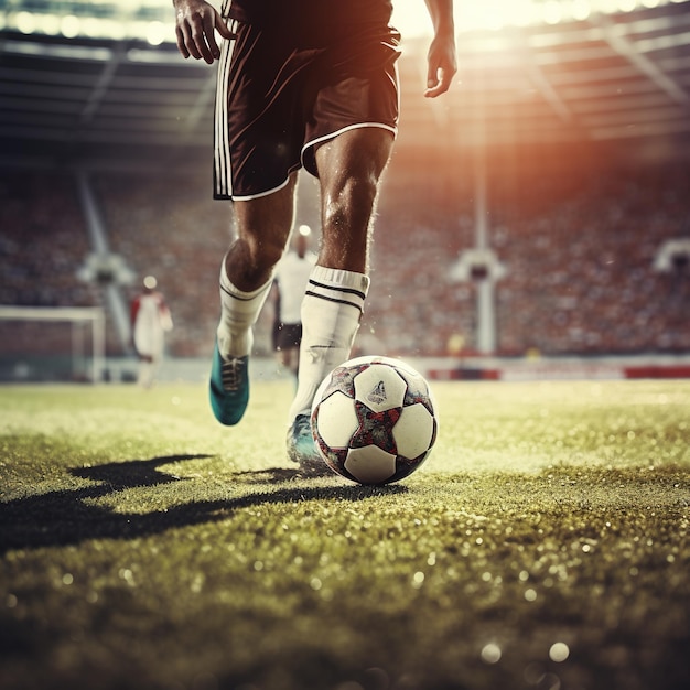 Foto gratuita de un jugador de fútbol pateando el fútbol en el suelo